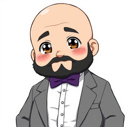 An anime-style illustration of a chubby man with brown eyes, bald, and a black beard that has some gray hairs