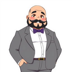 An anime-style illustration of a chubby man with brown eyes, bald, and a black beard that has some gray hairs