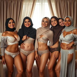 A group of diverse Muslim women dressed in elegant undergarments, showcasing beautiful and intricate designs