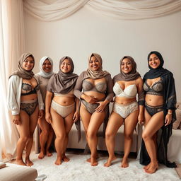 A group of diverse Muslim women dressed in elegant undergarments, showcasing beautiful and intricate designs