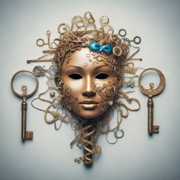 An abstract representation of the concept of identity, portrayed with a variety of symbolic elements like keys, masks, mirrors and DNA strands.