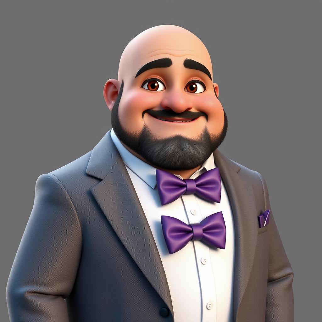 A realistic 3D rendering of a chubby man with brown eyes, bald, and a black beard featuring some gray hairs