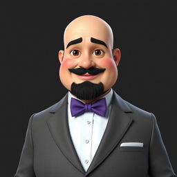 A realistic 3D rendering of a chubby man with brown eyes, bald, and a black beard featuring some gray hairs