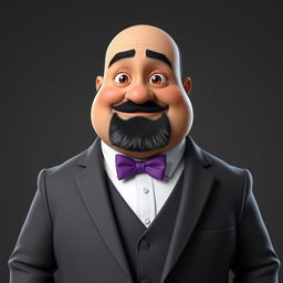 A realistic 3D rendering of a chubby man with brown eyes, bald, and a black beard featuring some gray hairs