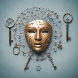 An abstract representation of the concept of identity, portrayed with a variety of symbolic elements like keys, masks, mirrors and DNA strands.