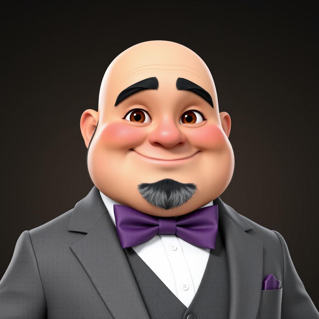 A realistic 3D rendering of a chubby man with brown eyes, bald, and a black beard featuring some gray hairs