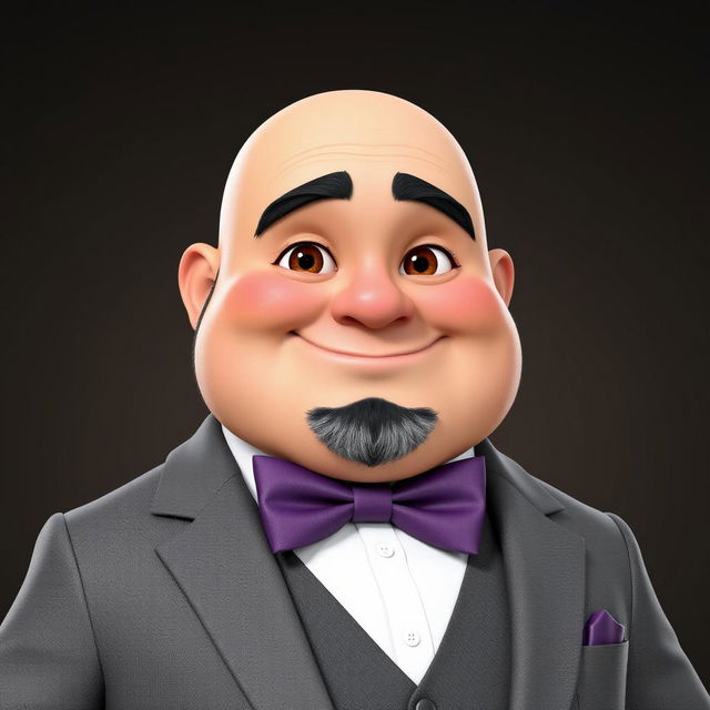 A realistic 3D rendering of a chubby man with brown eyes, bald, and a black beard featuring some gray hairs