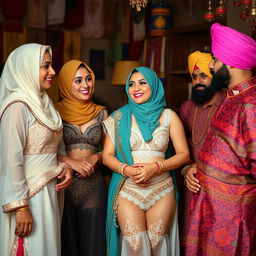 A scene of cultural harmony featuring Muslim women dressed in elegant undergarments, showcasing intricate designs and patterns