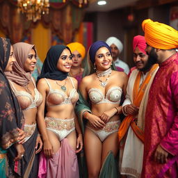 A scene of cultural harmony featuring Muslim women dressed in elegant undergarments, showcasing intricate designs and patterns