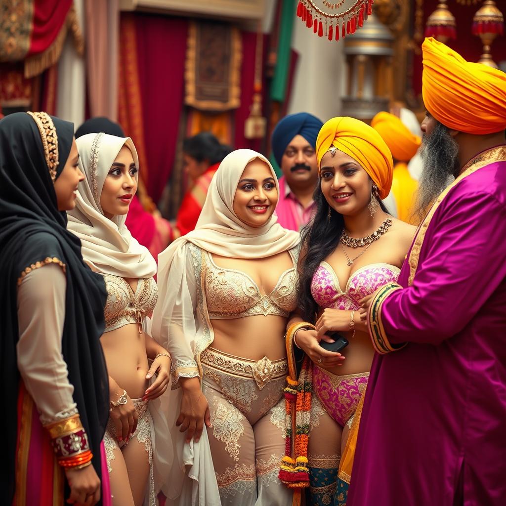 A scene of cultural harmony featuring Muslim women dressed in elegant undergarments, showcasing intricate designs and patterns