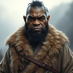 A captivating portrait of a dark-skinned half-orc monk, showcasing his big, strong, and pot-bellied physique