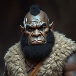 A captivating portrait of a dark-skinned half-orc monk, showcasing his big, strong, and pot-bellied physique