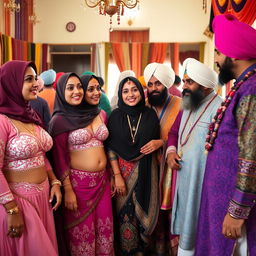 A scene of cultural harmony featuring Muslim women dressed in elegant undergarments, showcasing intricate designs and patterns