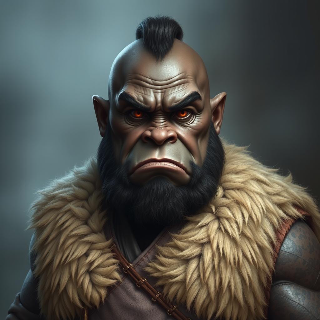 A captivating portrait of a dark-skinned half-orc monk, showcasing his big, strong, and pot-bellied physique