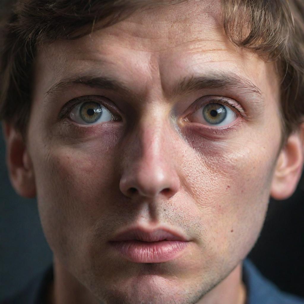 A hyper-realistic portrait of a human being wide-eyed, giving an intense stare.