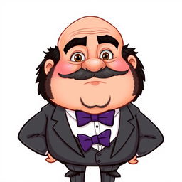 A cartoon-style illustration of a chubby man with brown eyes, bald, and a black beard featuring some gray hairs