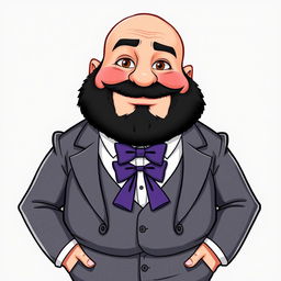 A cartoon-style illustration of a chubby man with brown eyes, bald, and a black beard featuring some gray hairs