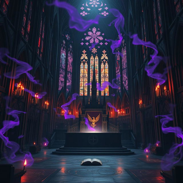 A dark, gothic cathedral filled with diabolical magical energy