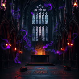 A dark, gothic cathedral filled with diabolical magical energy