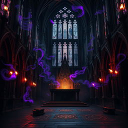 A dark, gothic cathedral filled with diabolical magical energy