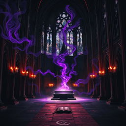 A dark, gothic cathedral filled with diabolical magical energy