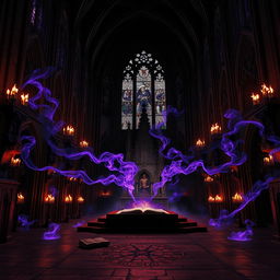 A dark, gothic cathedral filled with diabolical magical energy