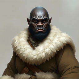 A detailed portrait of a black-skinned half-orc monk, highlighting his big, strong, and pot-bellied build