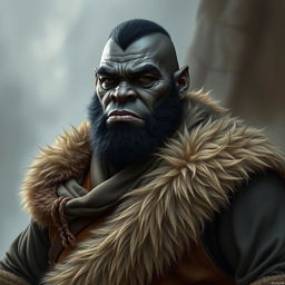 A detailed portrait of a black-skinned half-orc monk, highlighting his big, strong, and pot-bellied build