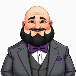 A detailed illustration of a chubby man with brown eyes, bald, and a black beard that includes some gray hairs