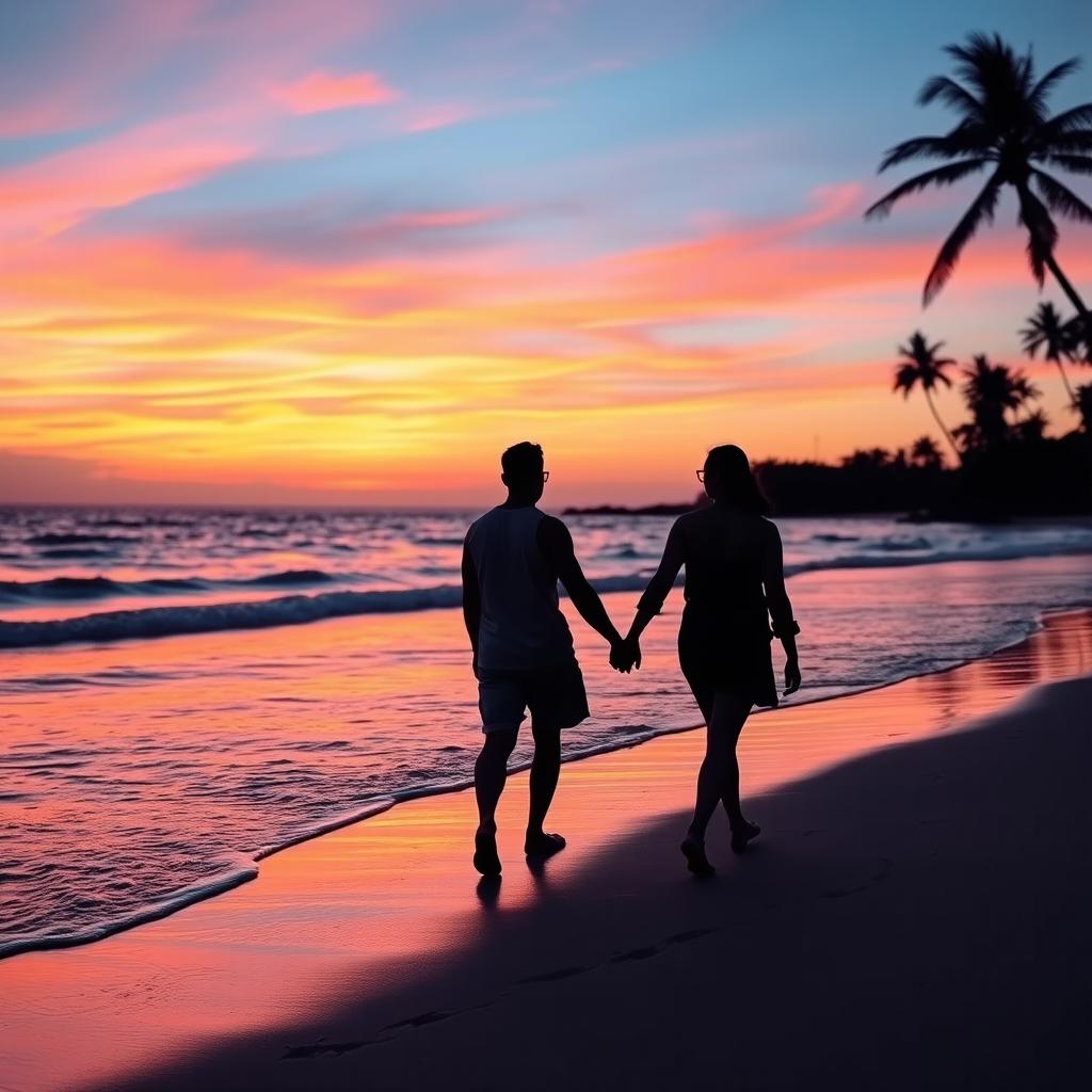 A serene sunset over a tranquil beach, with vibrant hues of orange, pink, and purple blending into the clear blue sky