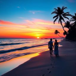 A serene sunset over a tranquil beach, with vibrant hues of orange, pink, and purple blending into the clear blue sky