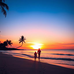 A serene sunset over a tranquil beach, with vibrant hues of orange, pink, and purple blending into the clear blue sky