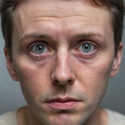 A hyper-realistic portrait of a human being wide-eyed, giving an intense stare.