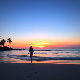 A serene sunset over a tranquil beach, with vibrant hues of orange, pink, and purple blending into the clear blue sky