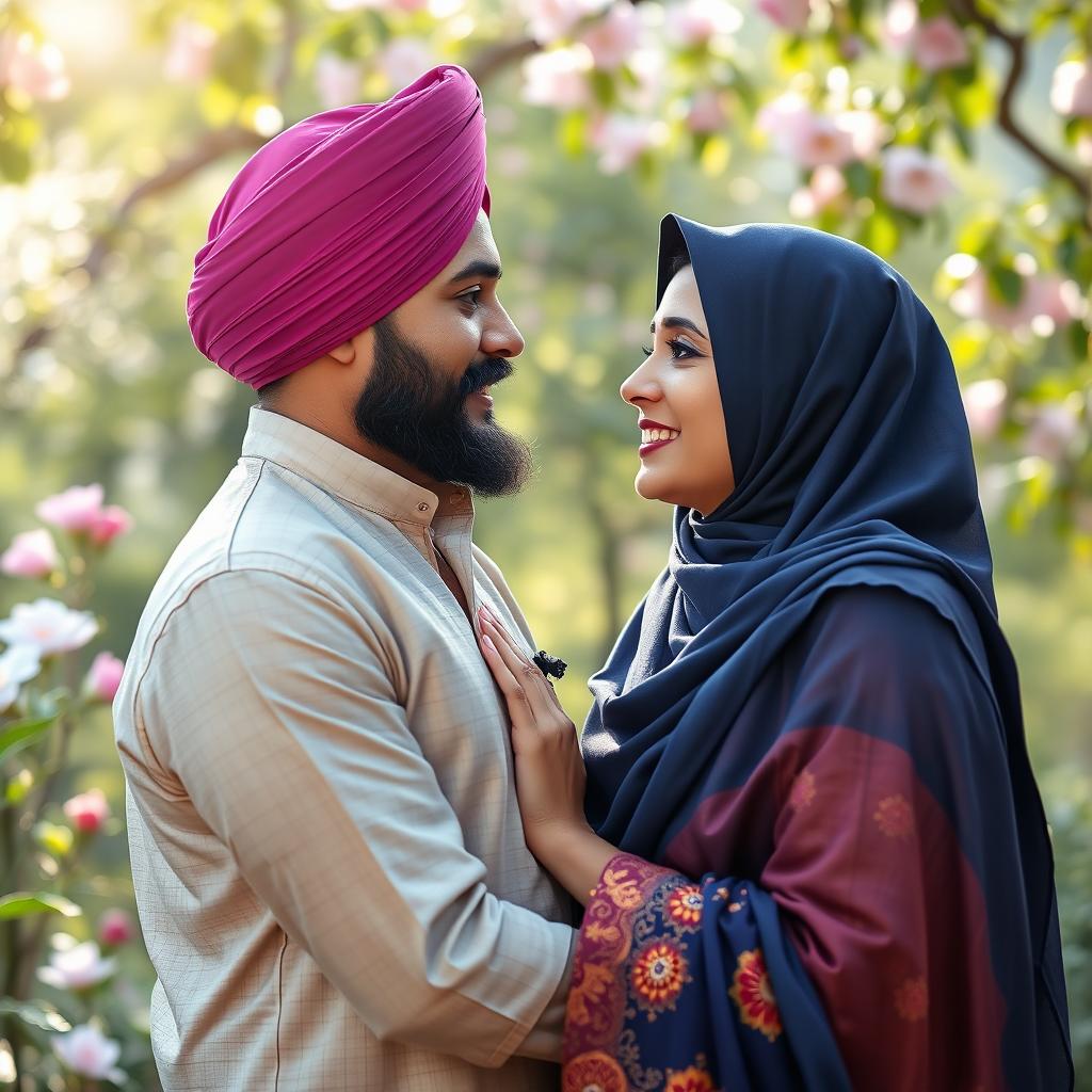 A serene and peaceful scene depicting an intimate moment between a Sikh man and Muslim woman, both of South Asian descent, celebrating cultural diversity and unity