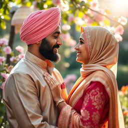 A serene and peaceful scene depicting an intimate moment between a Sikh man and Muslim woman, both of South Asian descent, celebrating cultural diversity and unity