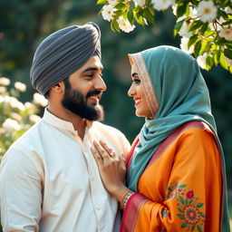 A serene and peaceful scene depicting an intimate moment between a Sikh man and Muslim woman, both of South Asian descent, celebrating cultural diversity and unity