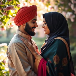 A serene and peaceful scene depicting an intimate moment between a Sikh man and Muslim woman, both of South Asian descent, celebrating cultural diversity and unity