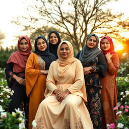 A beautiful scene depicting a diverse group of confident Muslim women expressing their strength and individuality in a tasteful manner