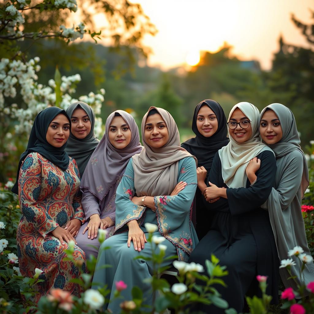 A beautiful scene depicting a diverse group of confident Muslim women expressing their strength and individuality in a tasteful manner