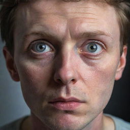 A hyper-realistic portrait of a human being wide-eyed, giving an intense stare.