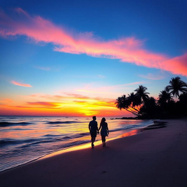 A serene sunset over a tranquil beach, with vibrant hues of orange, pink, and purple blending into the clear blue sky