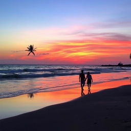 A serene sunset over a tranquil beach, with vibrant hues of orange, pink, and purple blending into the clear blue sky