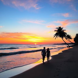 A serene sunset over a tranquil beach, with vibrant hues of orange, pink, and purple blending into the clear blue sky