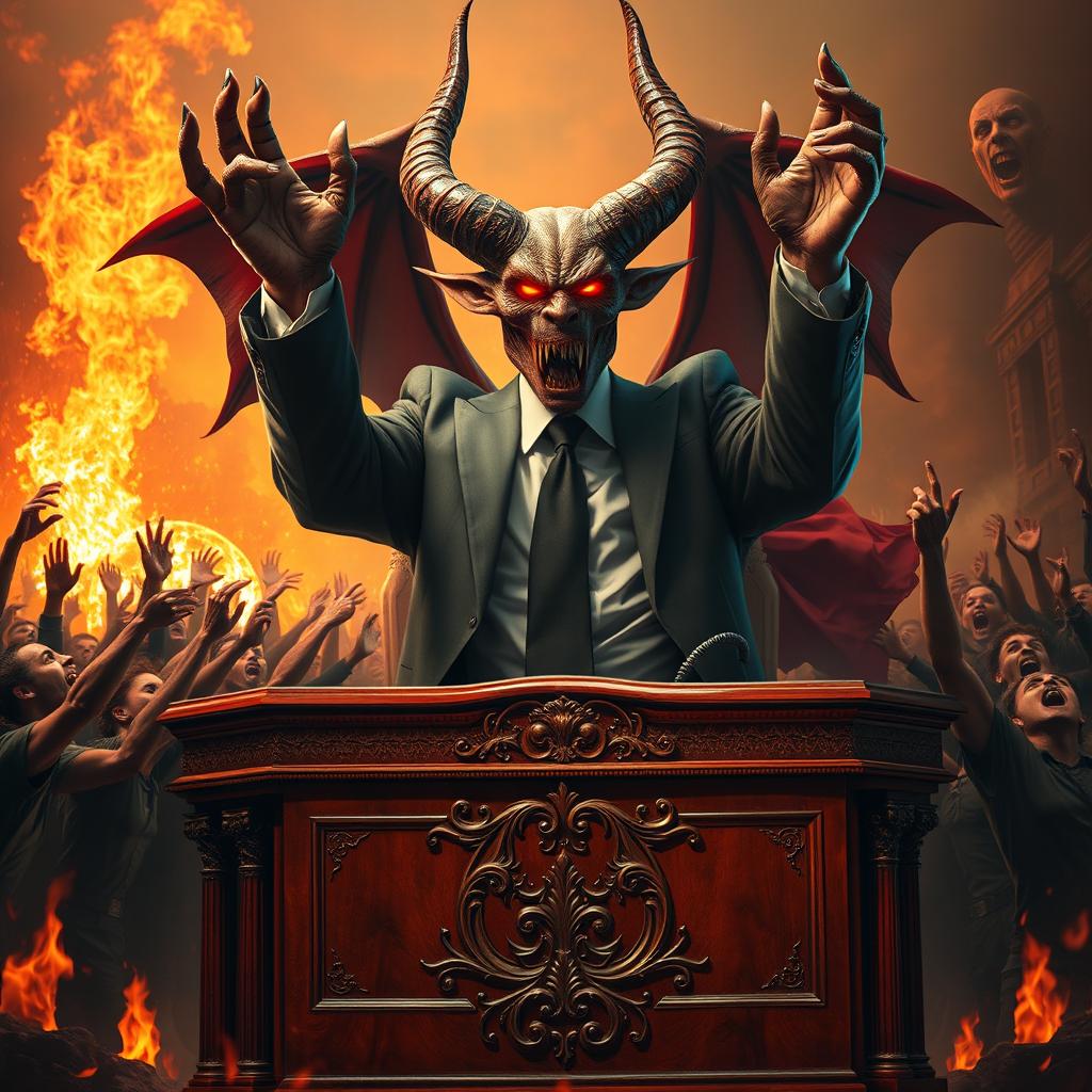 A giant demon wearing a sharp suit and tie, sitting behind a large ornate desk in a fiery hellscape