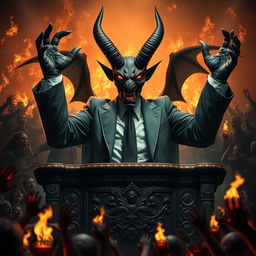 A giant demon wearing a sharp suit and tie, sitting behind a large ornate desk in a fiery hellscape