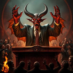 A giant demon wearing a sharp suit and tie, sitting behind a large ornate desk in a fiery hellscape