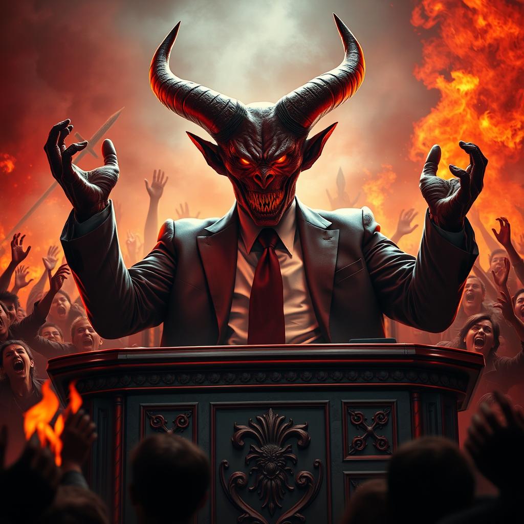 A giant demon wearing a sharp suit and tie, sitting behind a large ornate desk in a fiery hellscape