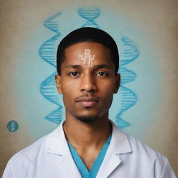 An artistic representation demonstrating the importance of identity in medicine, featuring elements like a DNA strand, medical records, a traditional physician's symbol, and an individual's portrait, all created in a digital art style.