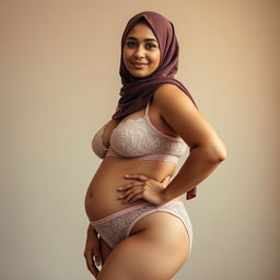 A confident Muslim woman, embracing her fuller figure, standing gracefully in elegant underwear